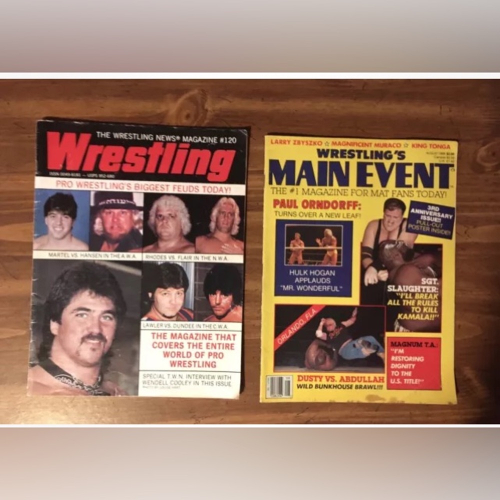 2 Vintage 1985 Wrestling Magazines  Lawler Rhodes Flair Abdullah Slaughter Hogan